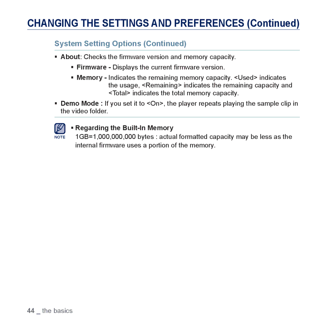 Samsung YP-P3JCB/XEF, YP-P3JCS/XEF, YP-P3JEB/XEF, YP-P3JNB/XEF, YP-P3JES/XEF, YP-P3JNS/XEF ƒ Regarding the Built-In Memory 