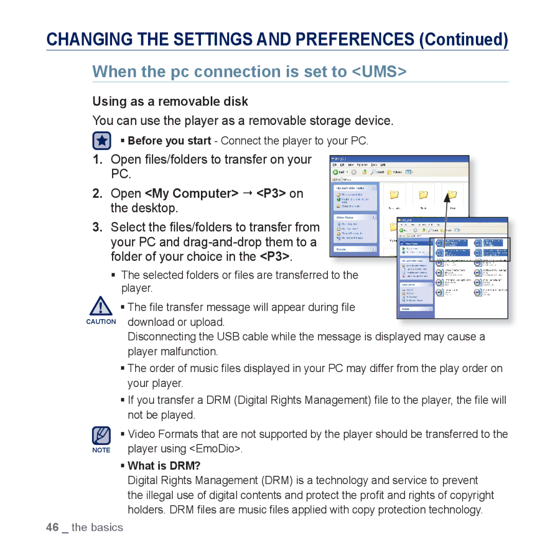 Samsung YP-P3JES/EDC When the pc connection is set to UMS, Using as a removable disk, Open My Computer P3 on the desktop 