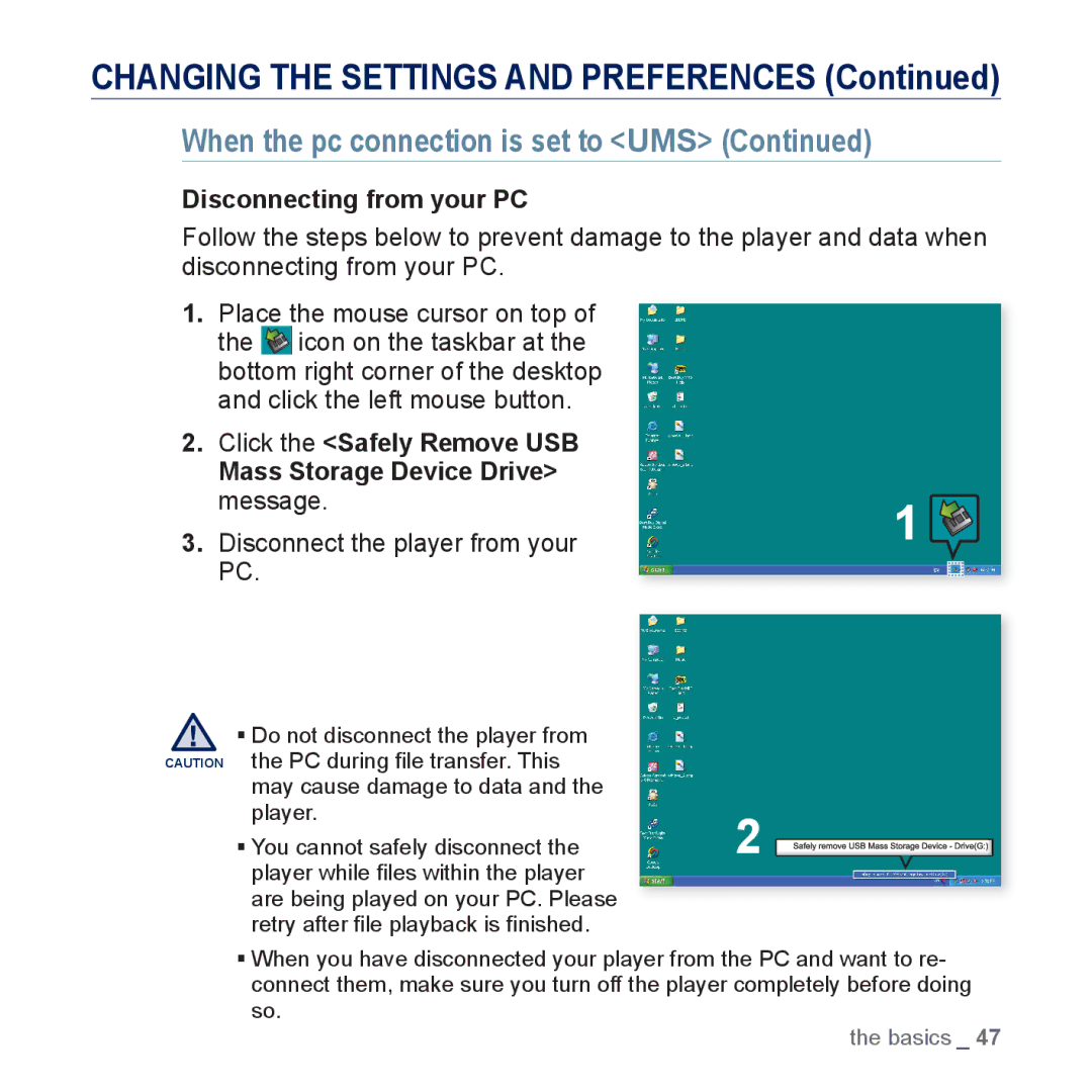 Samsung YP-P3JEB/EDC, YP-P3JCS/XEF manual Disconnecting from your PC, Click the Safely Remove USB Mass Storage Device Drive 