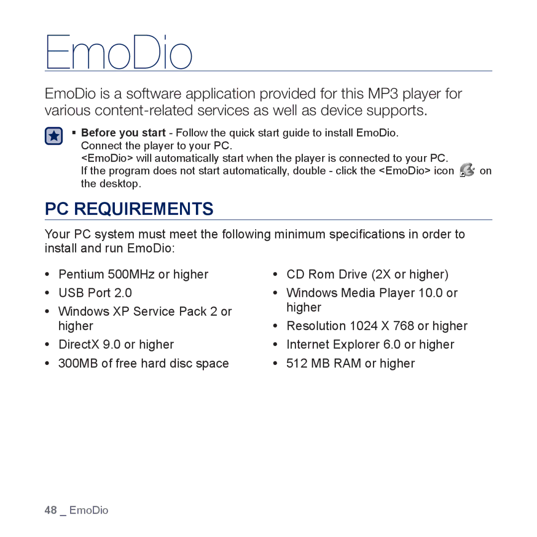 Samsung YP-P3JCB/EDC, YP-P3JCS/XEF, YP-P3JEB/XEF, YP-P3JNB/XEF, YP-P3JES/XEF, YP-P3JCB/XEF manual EmoDio, PC Requirements 