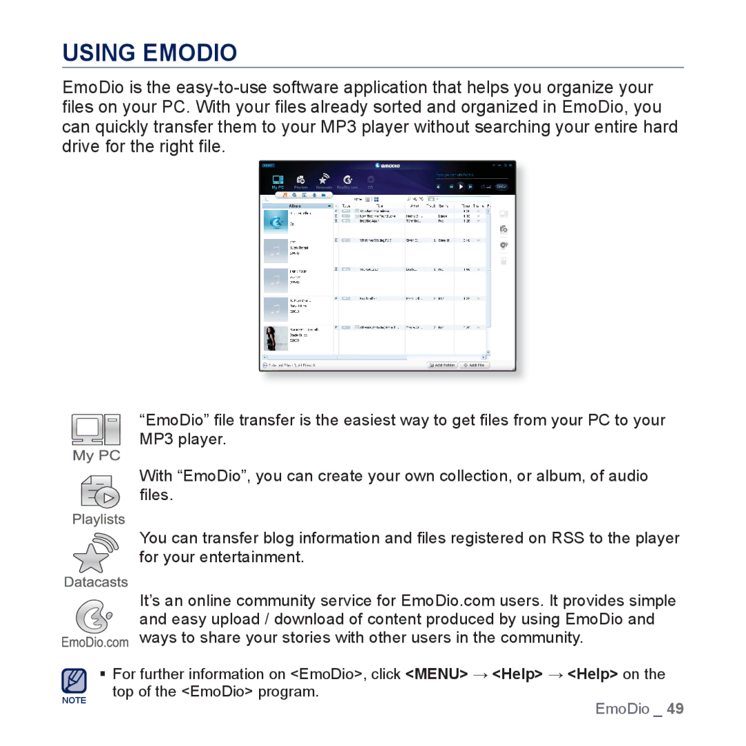 Samsung YP-P3JCS/EDC, YP-P3JCS/XEF, YP-P3JEB/XEF, YP-P3JNB/XEF, YP-P3JES/XEF, YP-P3JCB/XEF, YP-P3JNS/XEF manual Using Emodio 