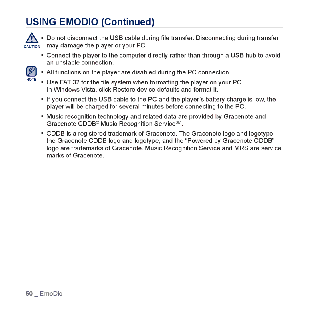 Samsung YP-P3JCB/XEG, YP-P3JCS/XEF, YP-P3JEB/XEF, YP-P3JNB/XEF, YP-P3JES/XEF, YP-P3JCB/XEF, YP-P3JNS/XEF manual Using Emodio 