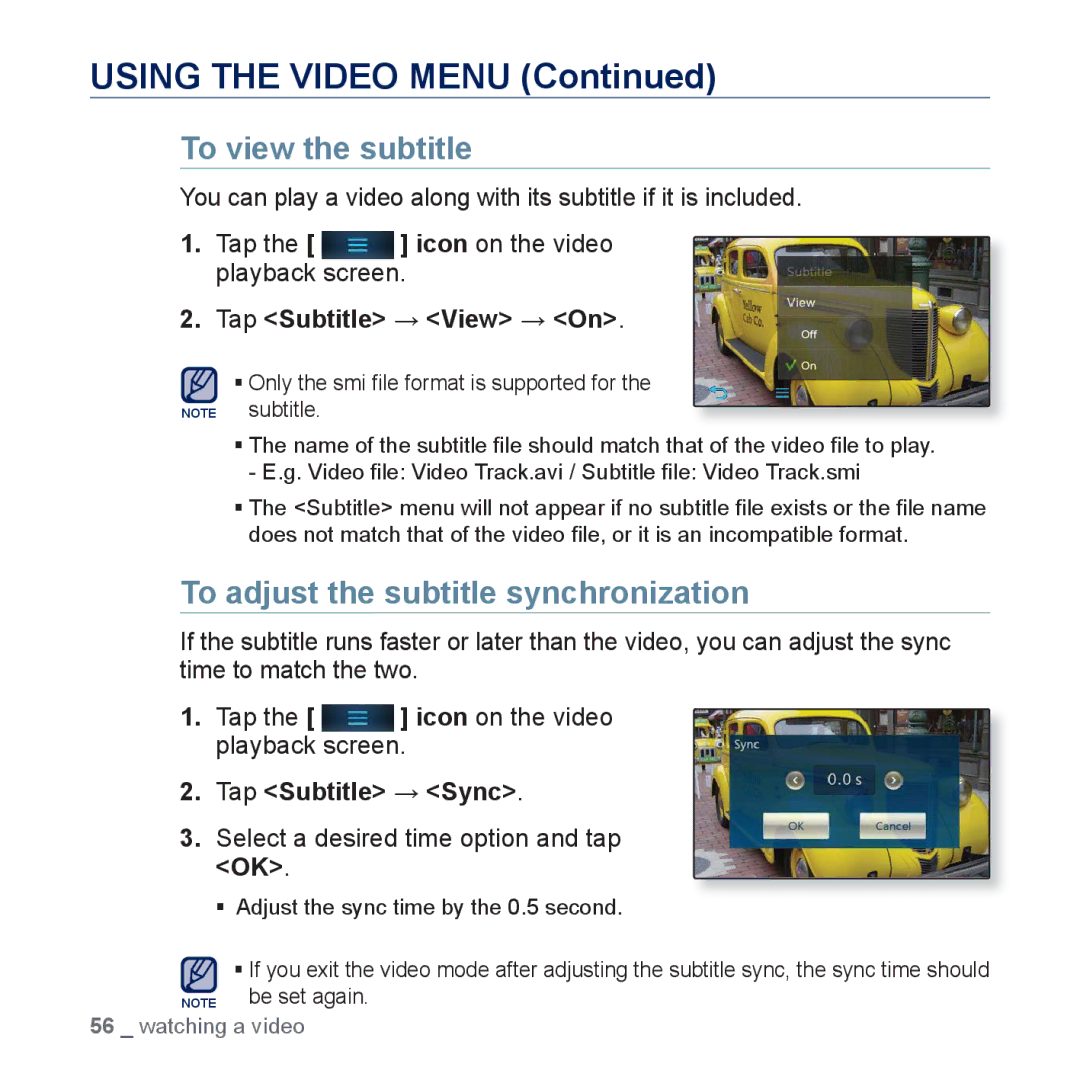 Samsung YP-P3JNB/XEE, YP-P3JCS/XEF To view the subtitle, To adjust the subtitle synchronization, Tap Subtitle → View → On 