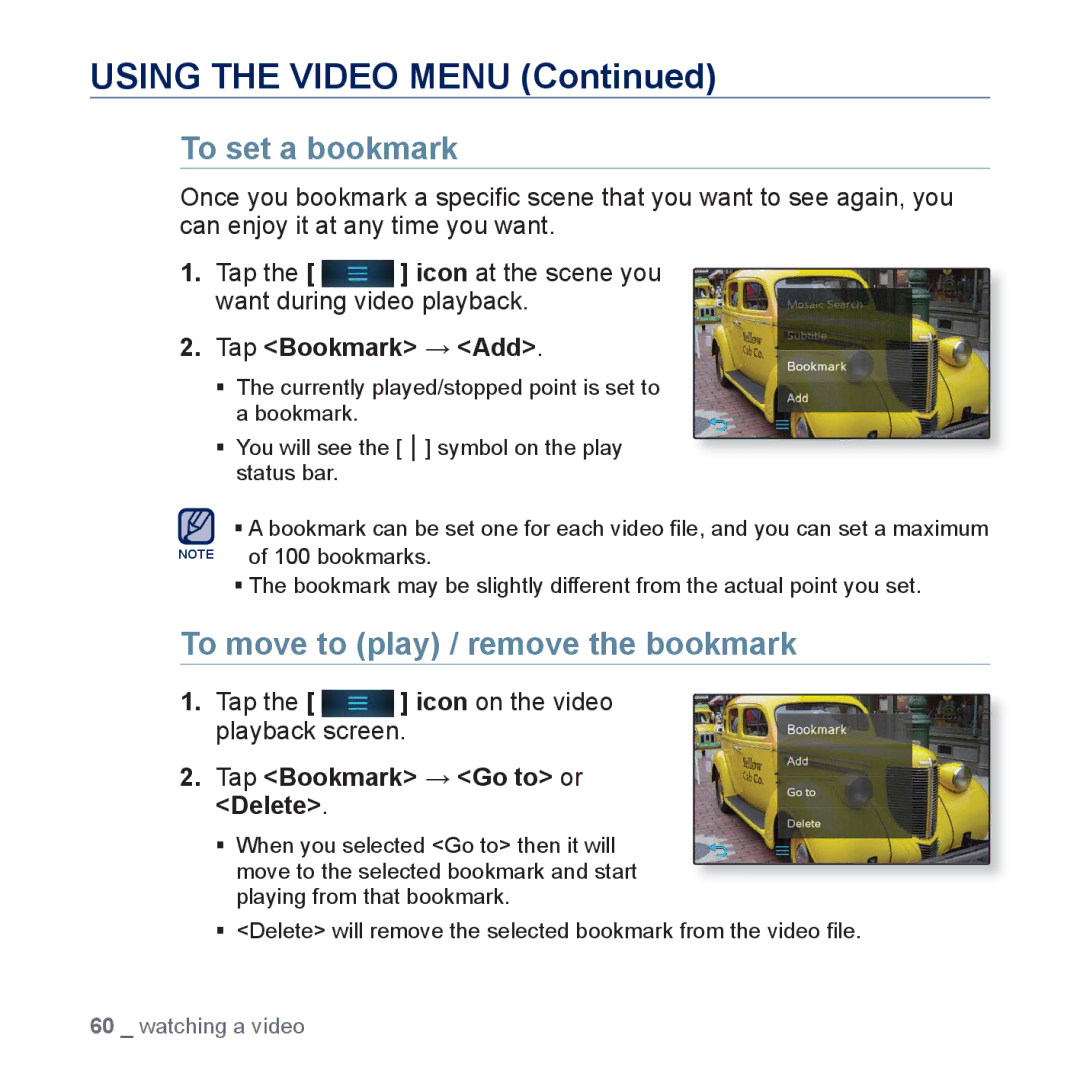 Samsung YP-P3JCS/XEF, YP-P3JEB/XEF manual To set a bookmark, To move to play / remove the bookmark, Tap Bookmark → Add 