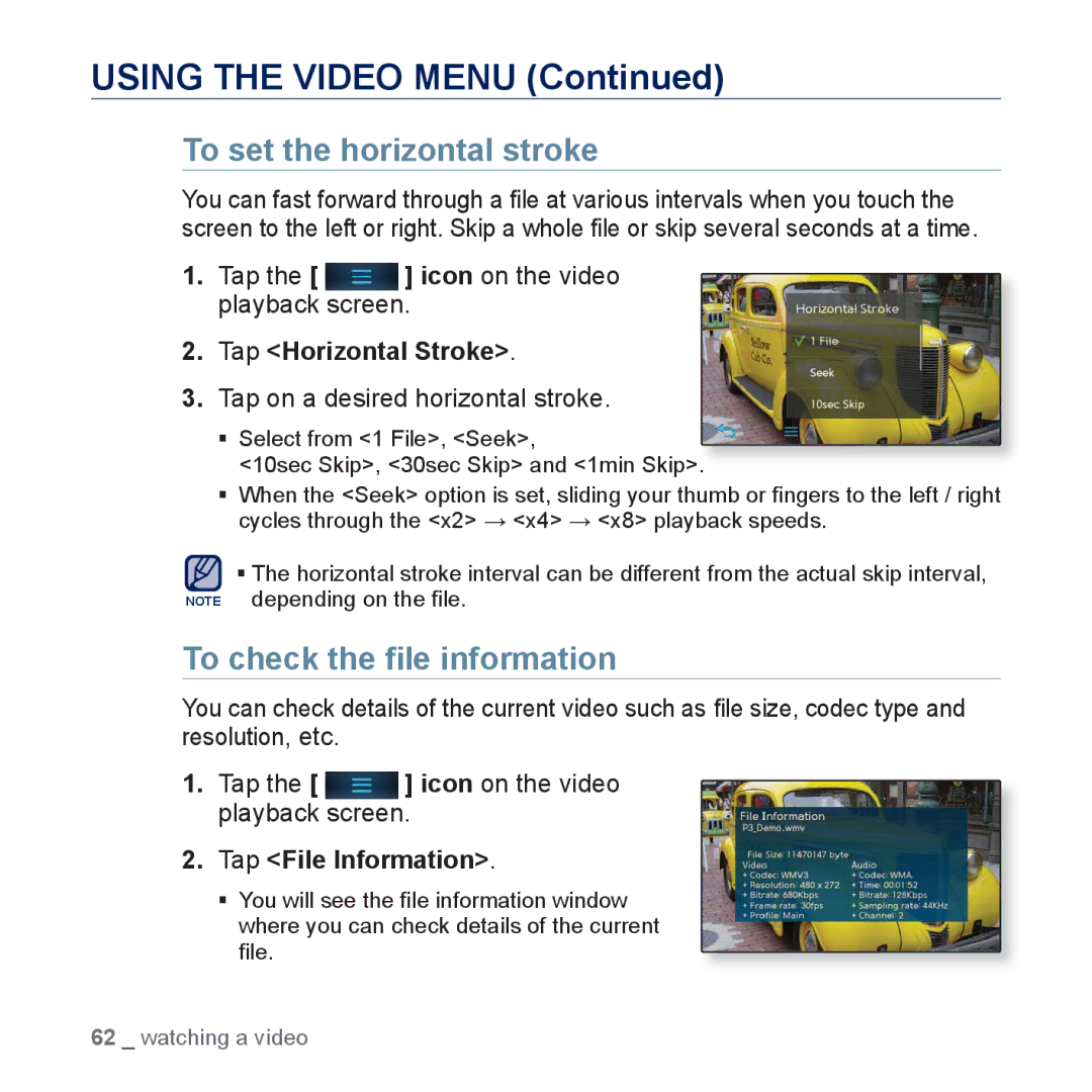 Samsung YP-P3JNB/XEF, YP-P3JCS/XEF manual To set the horizontal stroke, To check the ﬁle information, Tap Horizontal Stroke 