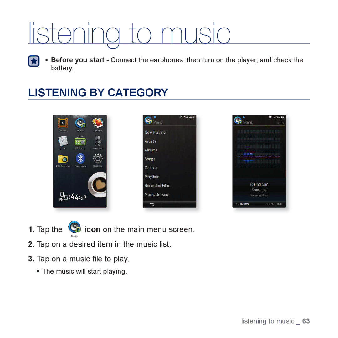 Samsung YP-P3JES/XEF, YP-P3JCS/XEF, YP-P3JEB/XEF, YP-P3JNB/XEF, YP-P3JCB/XEF manual Listening to music, Listening by Category 