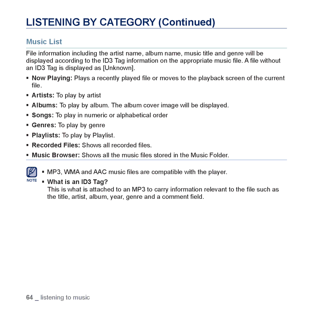 Samsung YP-P3JCB/XEF, YP-P3JCS/XEF, YP-P3JEB/XEF, YP-P3JNB/XEF, YP-P3JES/XEF, YP-P3JNS/XEF Listening by Category, Music List 