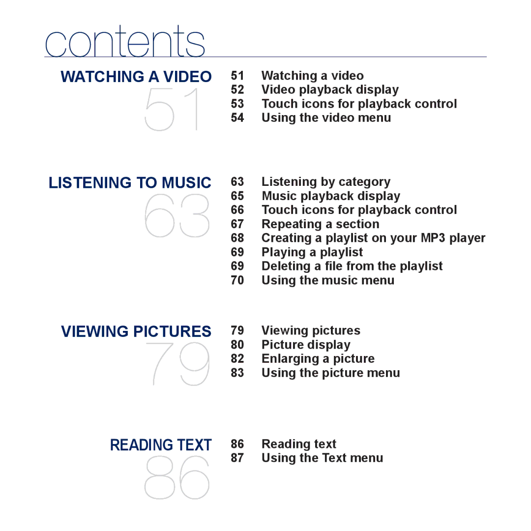 Samsung YP-P3JEB/EDC, YP-P3JCS/XEF Listening by category, Music playback display, Repeating a section, Playing a playlist 