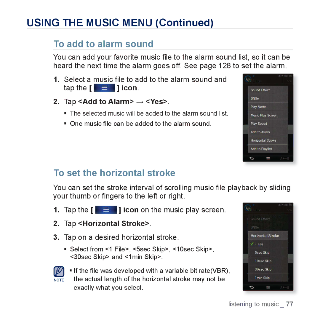 Samsung YP-P3JEB/XEG, YP-P3JCS/XEF manual To add to alarm sound, Select a music ﬁle to add to the alarm sound Tap the icon 