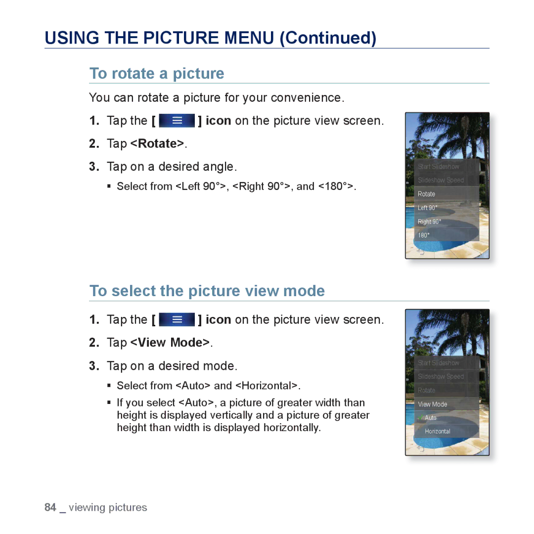 Samsung YP-P3JCB/XEF manual Using the Picture Menu, To rotate a picture, To select the picture view mode, Tap Rotate 