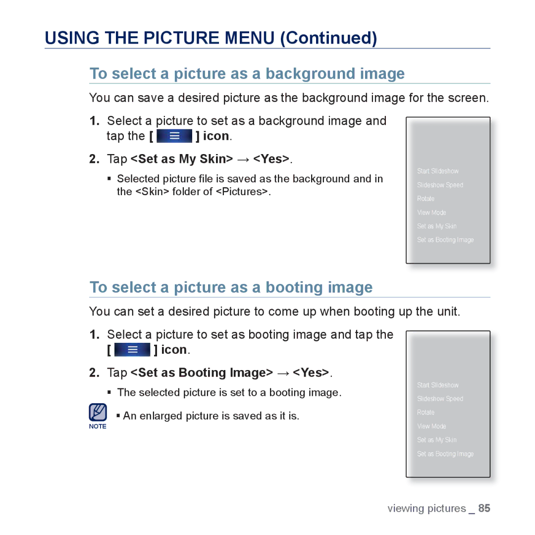 Samsung YP-P3JNS/XEF, YP-P3JCS/XEF manual To select a picture as a background image, To select a picture as a booting image 