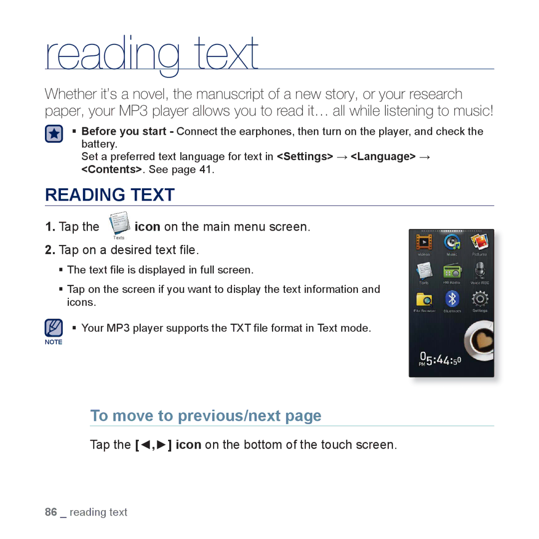 Samsung YP-P3JES/EDC, YP-P3JCS/XEF, YP-P3JEB/XEF, YP-P3JNB/XEF manual Reading text, Reading Text, To move to previous/next 