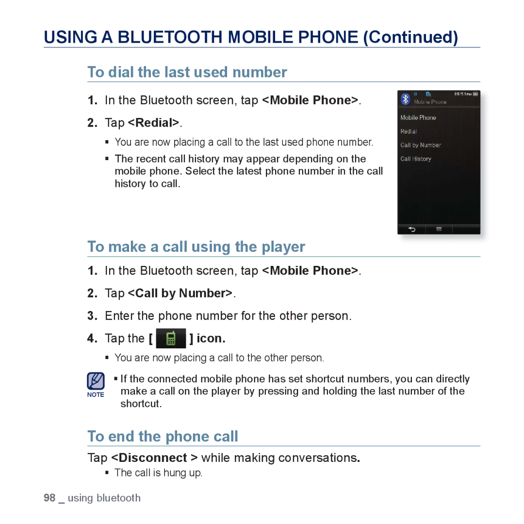 Samsung YP-P3JCS/XEG, YP-P3JCS/XEF To dial the last used number, To make a call using the player, To end the phone call 