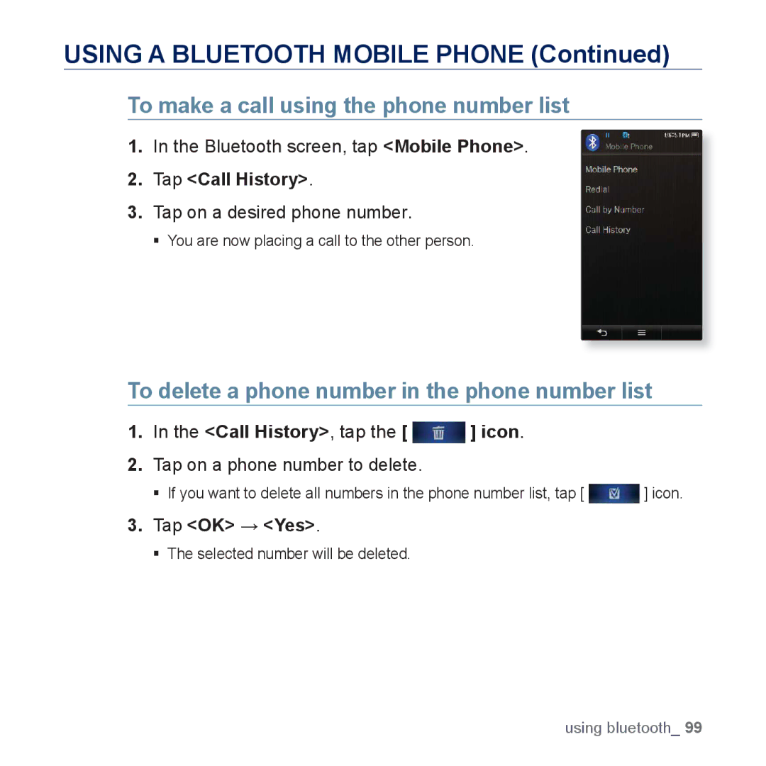 Samsung YP-P3JES/XEG manual To make a call using the phone number list, To delete a phone number in the phone number list 