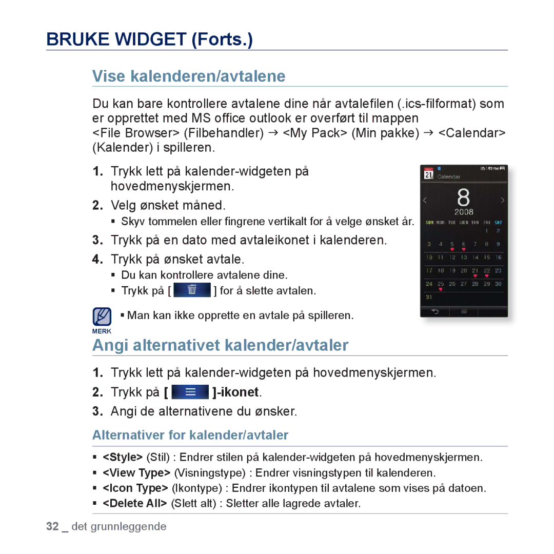 Samsung YP-P3JEB/XEE manual Vise kalenderen/avtalene, Angi alternativet kalender/avtaler, Alternativer for kalender/avtaler 