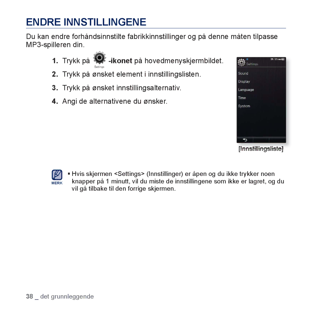 Samsung YP-P3JEB/XEE, YP-P3JCB/XEE manual Endre Innstillingene 