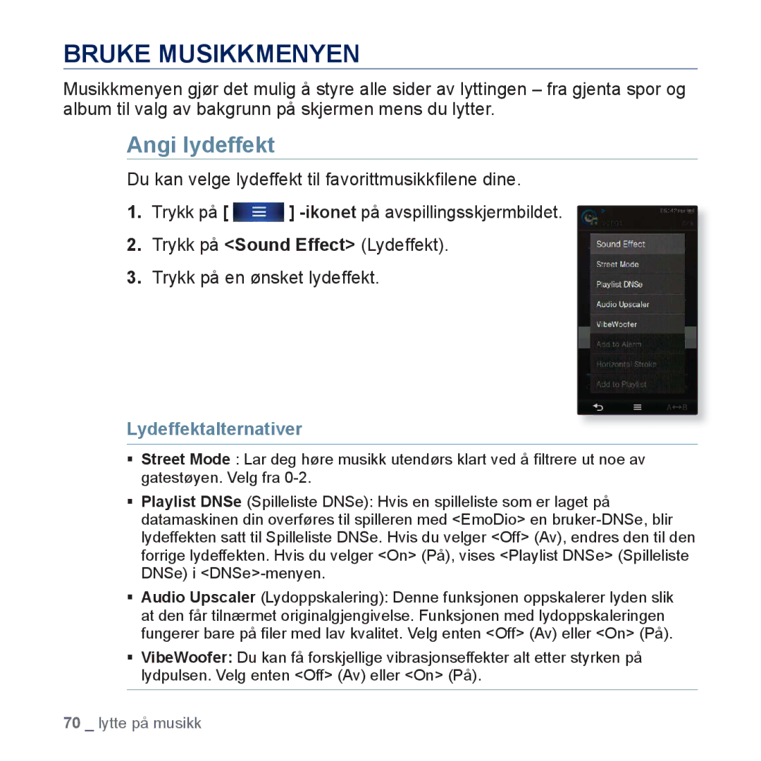 Samsung YP-P3JEB/XEE, YP-P3JCB/XEE manual Bruke Musikkmenyen, Angi lydeffekt, Lydeffektalternativer 