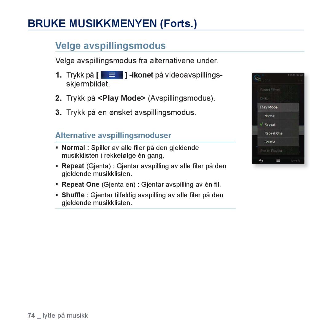 Samsung YP-P3JEB/XEE, YP-P3JCB/XEE manual Velge avspillingsmodus, Alternative avspillingsmoduser 