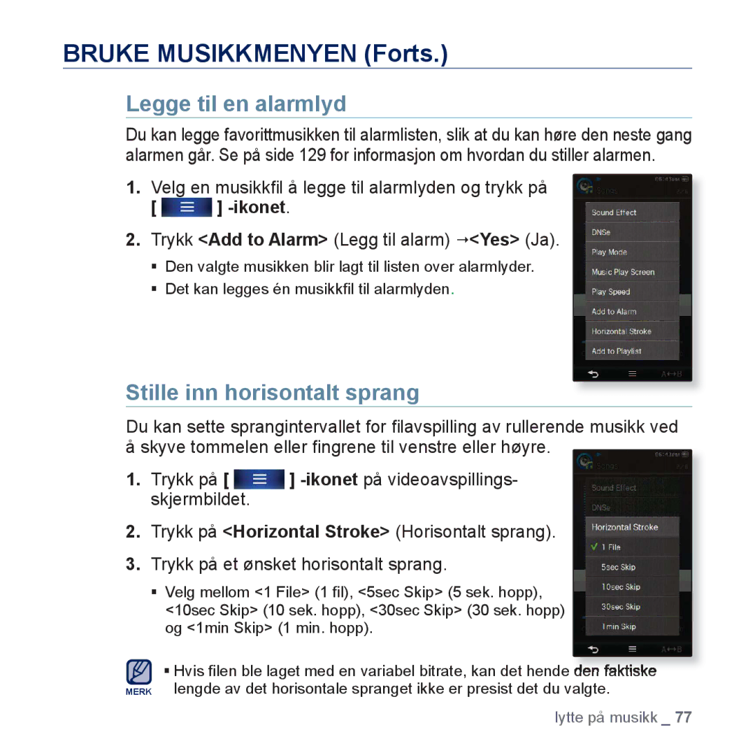 Samsung YP-P3JCB/XEE, YP-P3JEB/XEE manual Legge til en alarmlyd, Velg en musikkﬁl å legge til alarmlyden og trykk på, Ikonet 