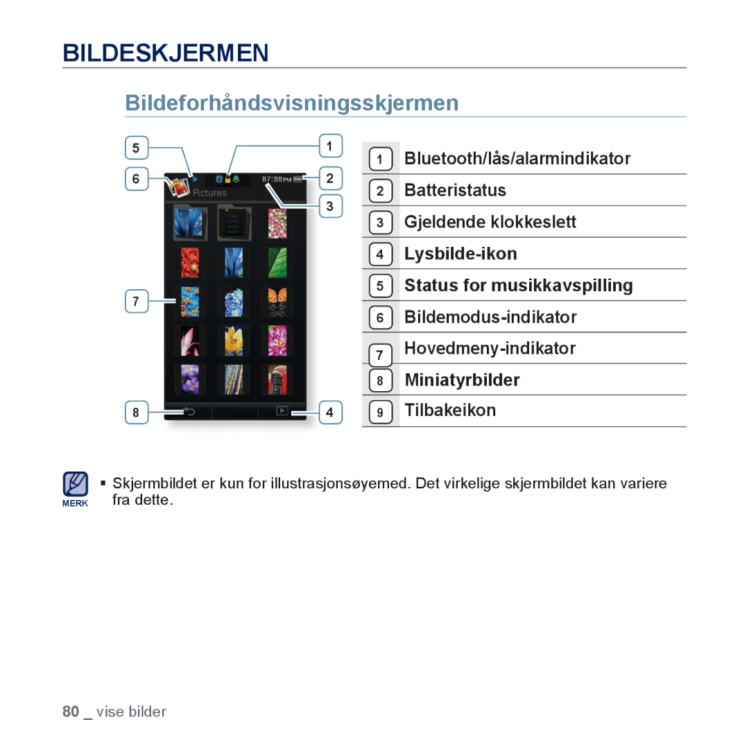 Samsung YP-P3JEB/XEE, YP-P3JCB/XEE manual Bildeskjermen, Bildeforhåndsvisningsskjermen 