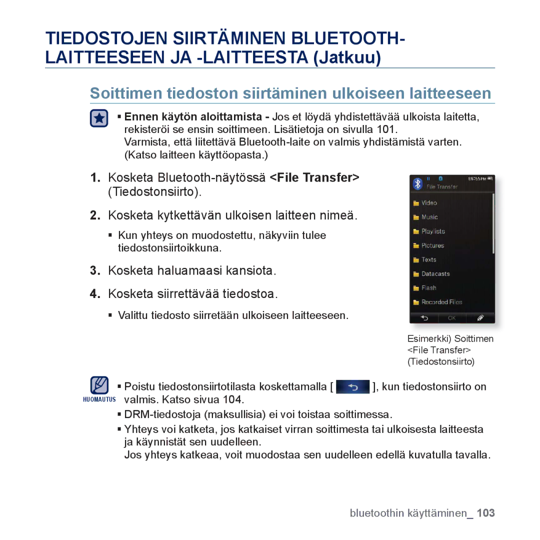 Samsung YP-P3JCB/XEE, YP-P3JEB/XEE manual Soittimen tiedoston siirtäminen ulkoiseen laitteeseen 