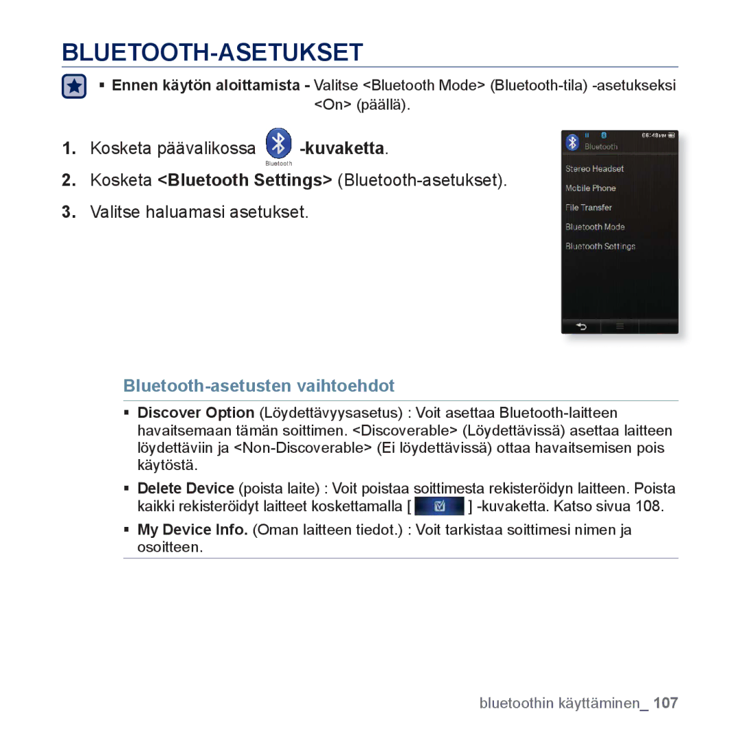 Samsung YP-P3JCB/XEE, YP-P3JEB/XEE manual Bluetooth-Asetukset, Bluetooth-asetusten vaihtoehdot 