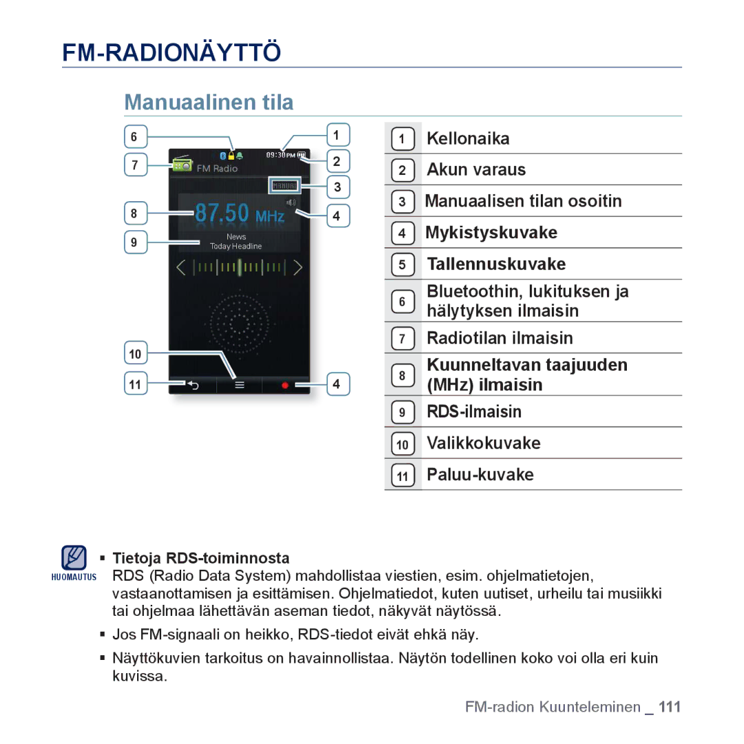 Samsung YP-P3JCB/XEE, YP-P3JEB/XEE manual Fm-Radionäyttö, Manuaalinen tila 