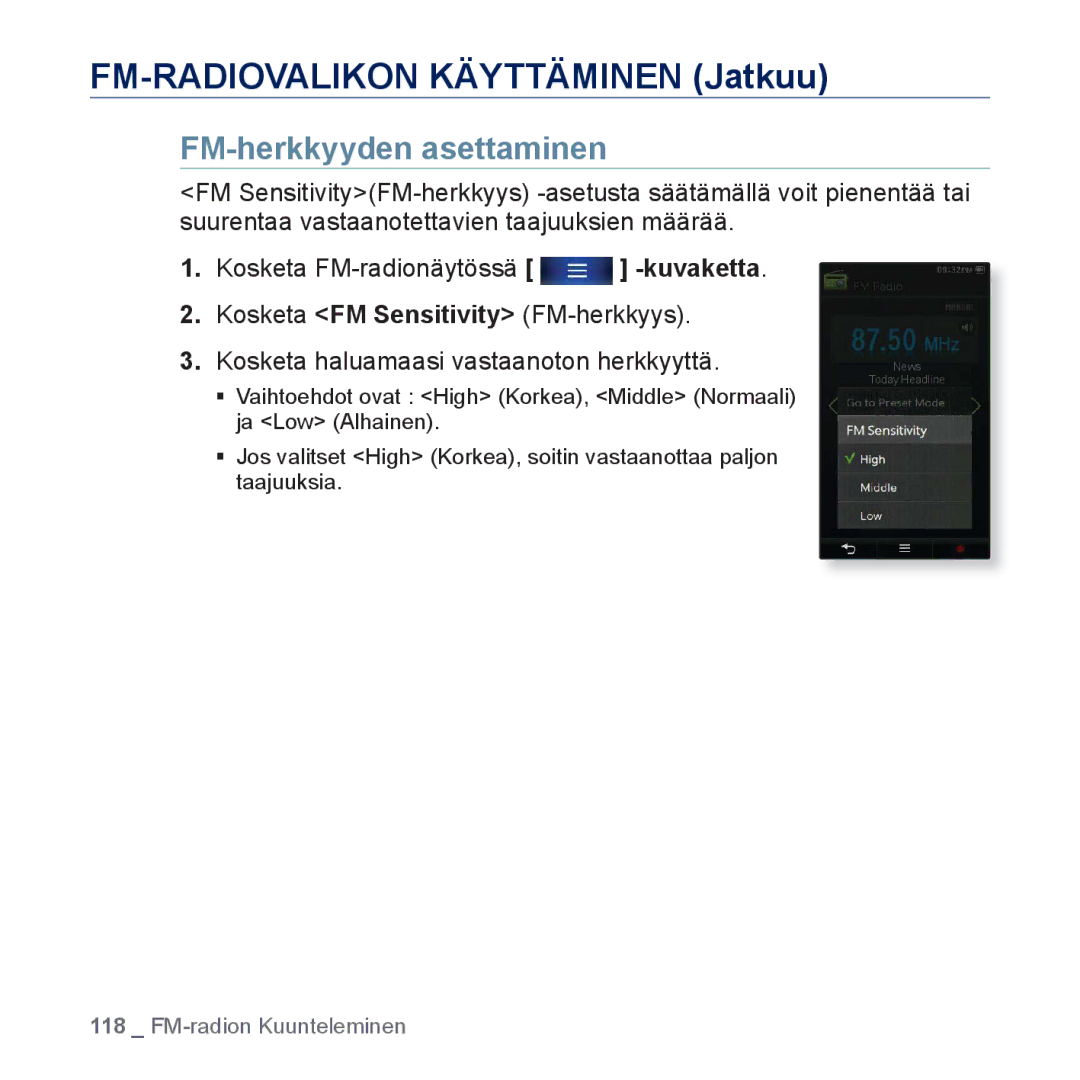 Samsung YP-P3JEB/XEE, YP-P3JCB/XEE manual FM-herkkyyden asettaminen 