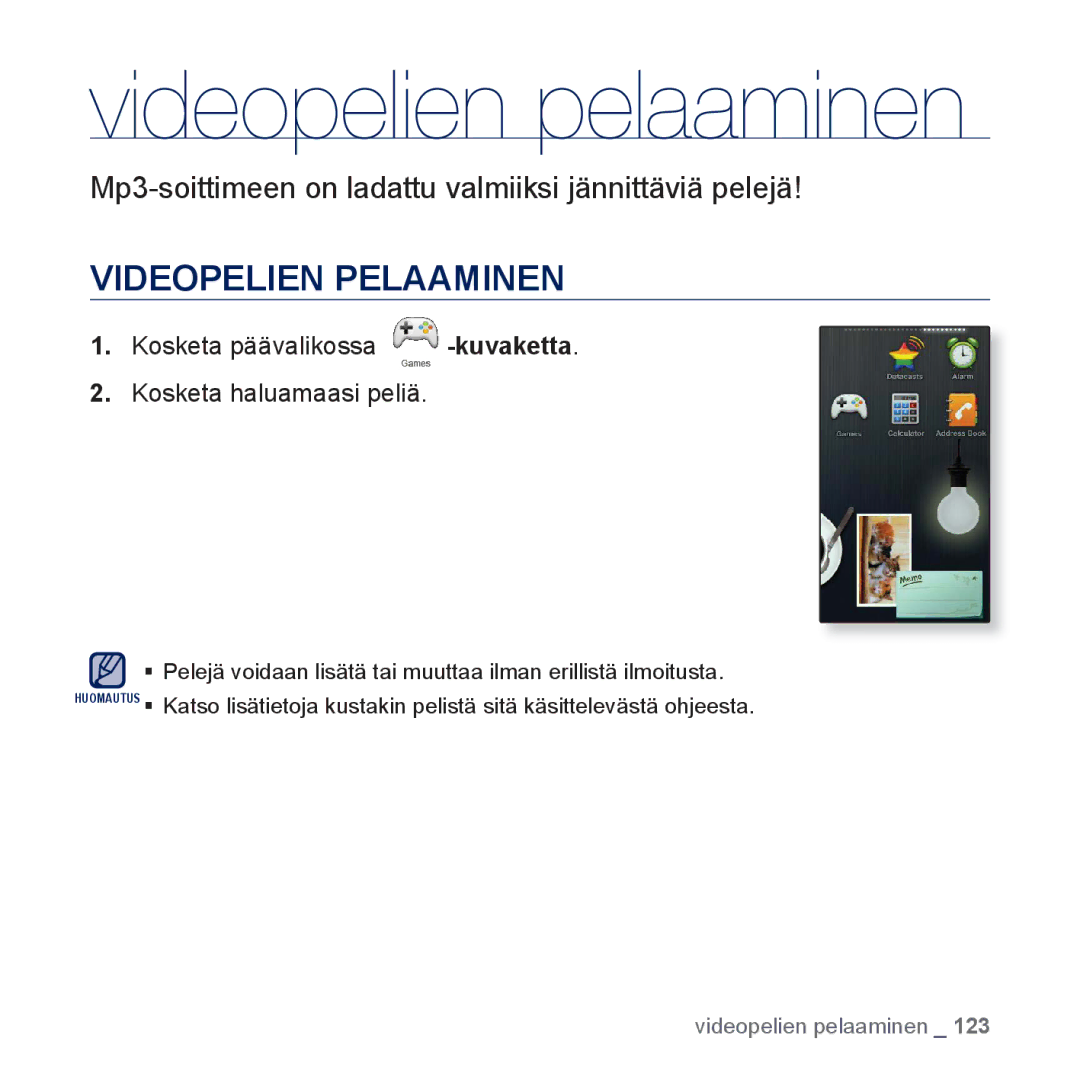 Samsung YP-P3JCB/XEE, YP-P3JEB/XEE manual Videopelien pelaaminen, Videopelien Pelaaminen 