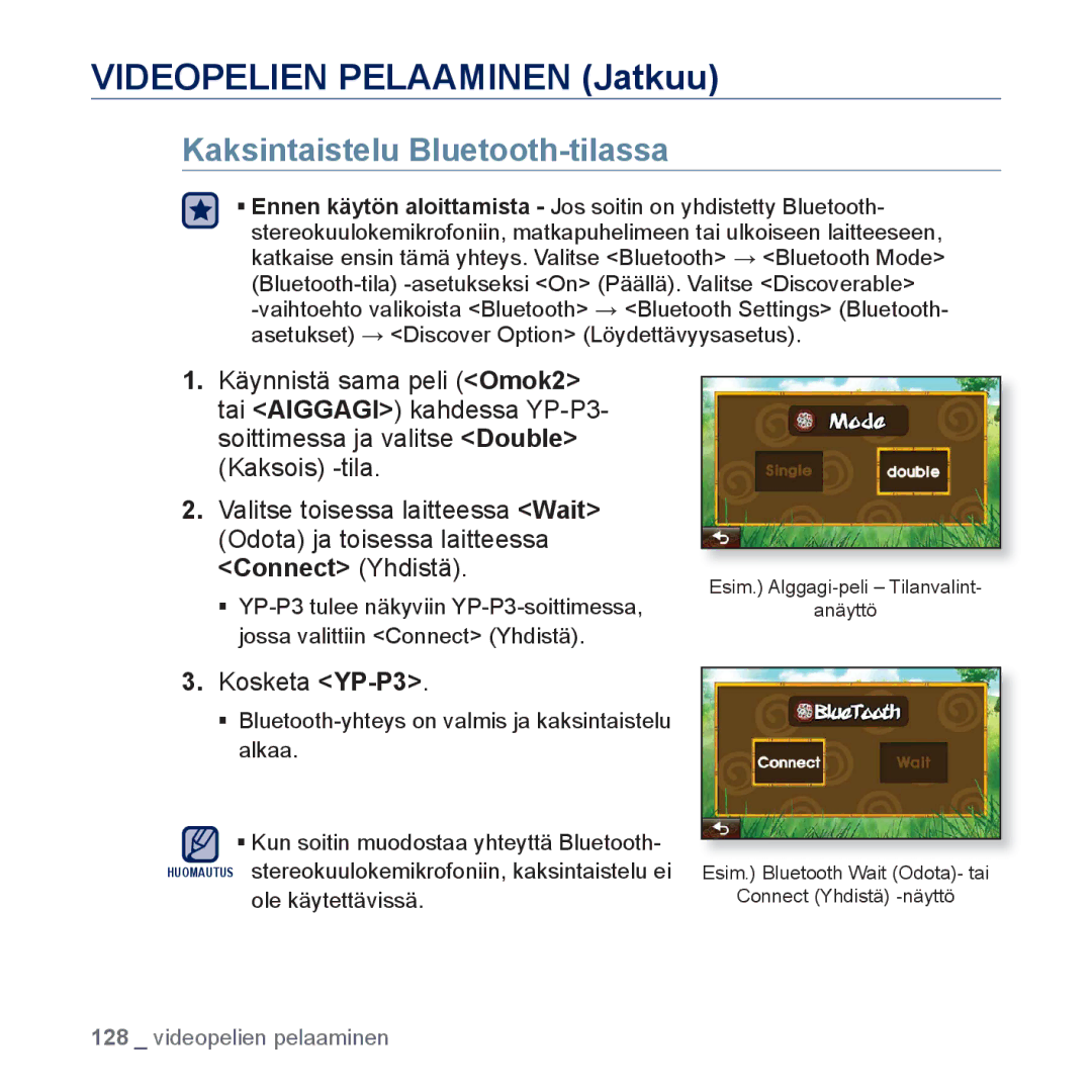 Samsung YP-P3JEB/XEE, YP-P3JCB/XEE manual Kaksintaistelu Bluetooth-tilassa, Kosketa YP-P3 