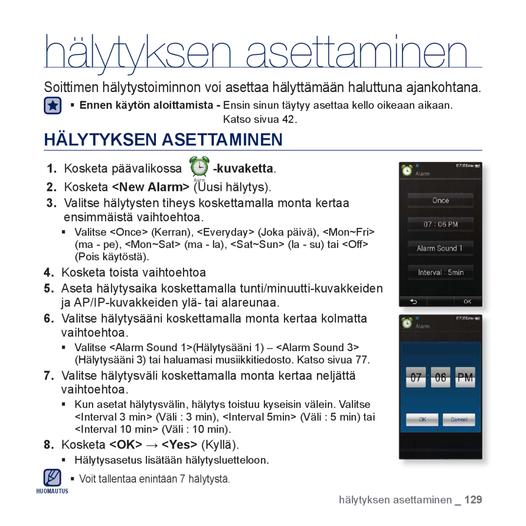 Samsung YP-P3JCB/XEE, YP-P3JEB/XEE manual Hälytyksen asettaminen, Hälytyksen Asettaminen 