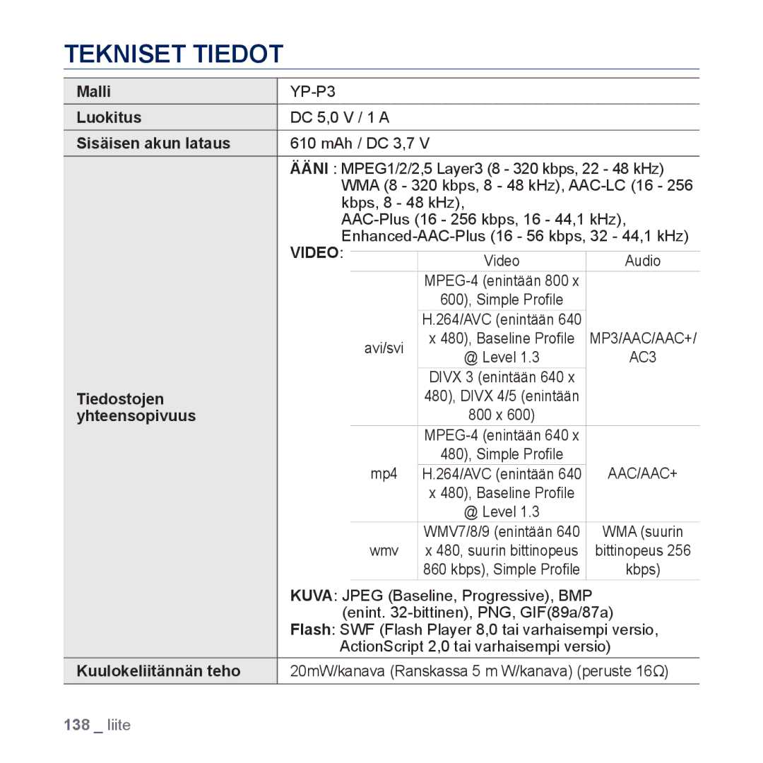 Samsung YP-P3JEB/XEE, YP-P3JCB/XEE manual Tekniset Tiedot 