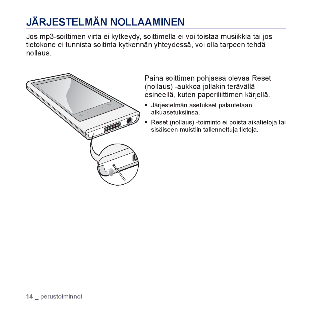 Samsung YP-P3JEB/XEE, YP-P3JCB/XEE manual Järjestelmän Nollaaminen 