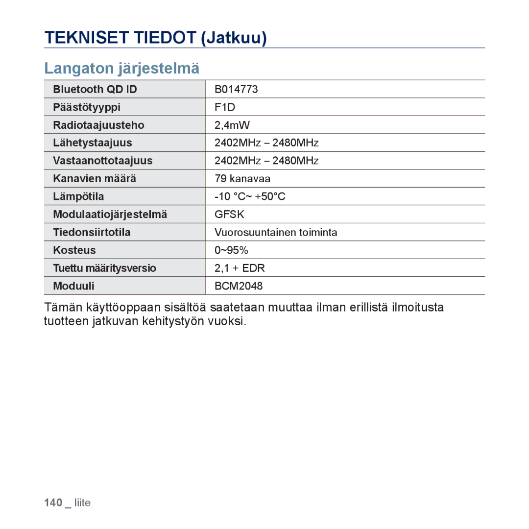 Samsung YP-P3JEB/XEE, YP-P3JCB/XEE manual Tekniset Tiedot Jatkuu, Langaton järjestelmä 