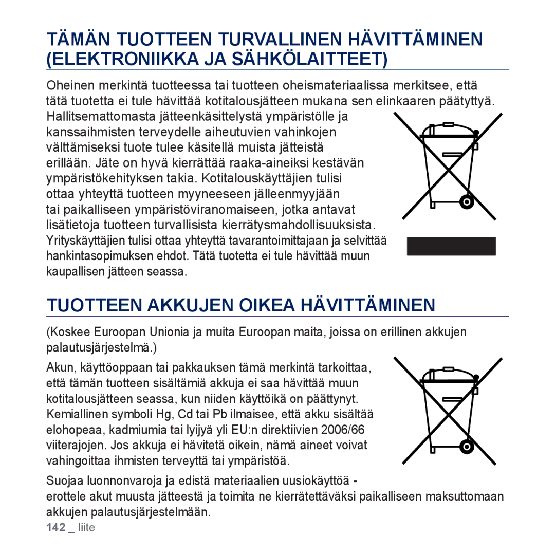 Samsung YP-P3JEB/XEE, YP-P3JCB/XEE manual Tuotteen Akkujen Oikea Hävittäminen 