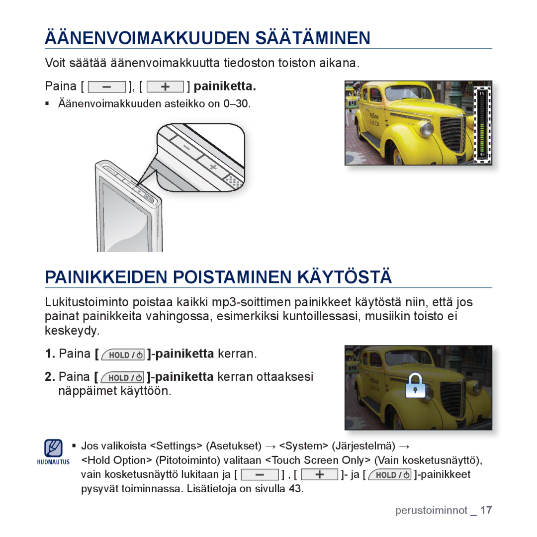 Samsung YP-P3JCB/XEE, YP-P3JEB/XEE manual Äänenvoimakkuuden Säätäminen, Painikkeiden Poistaminen Käytöstä 