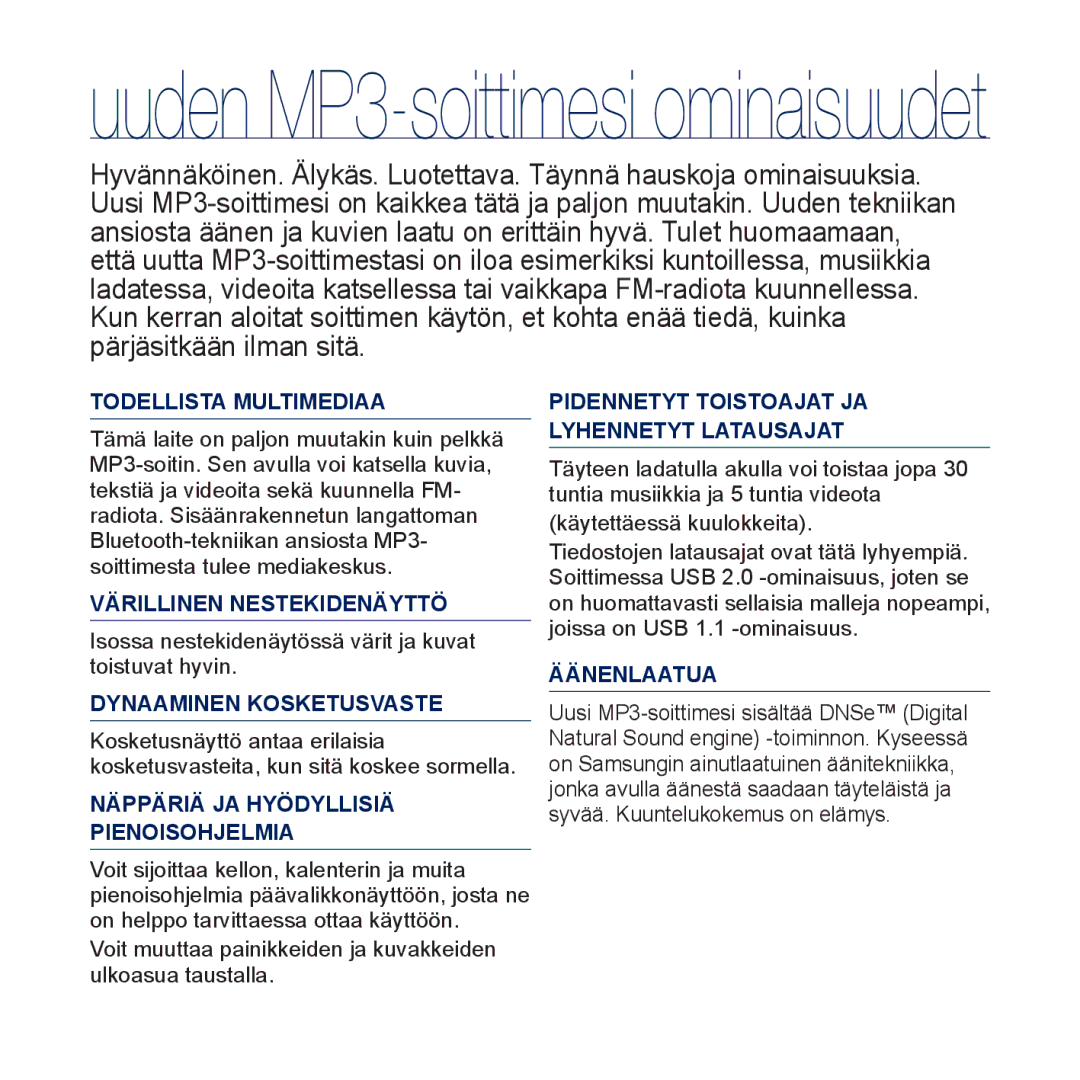 Samsung YP-P3JEB/XEE, YP-P3JCB/XEE manual Uuden MP3-soittimesi ominaisuudet 