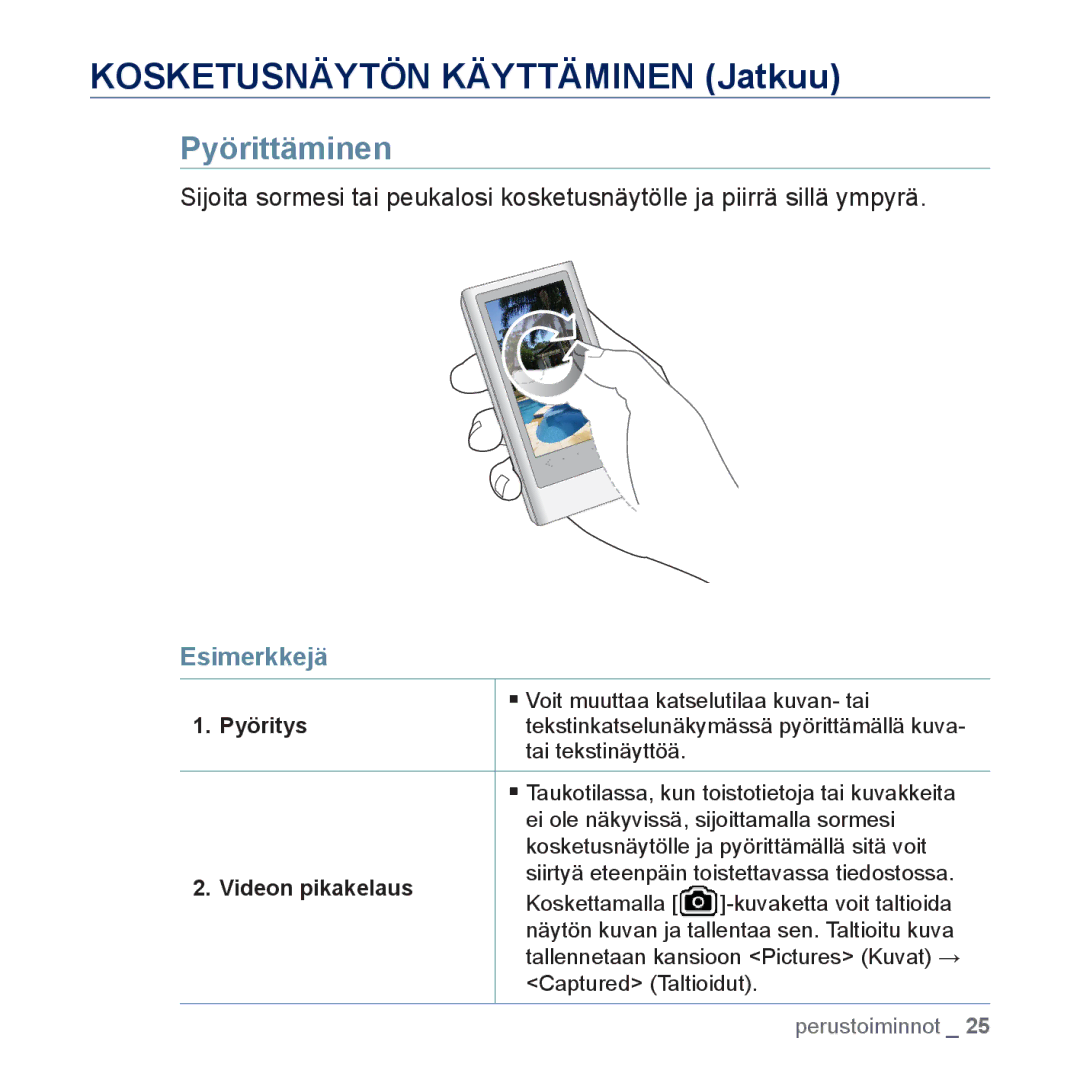 Samsung YP-P3JCB/XEE, YP-P3JEB/XEE manual Pyörittäminen, Pyöritys, Videon pikakelaus 