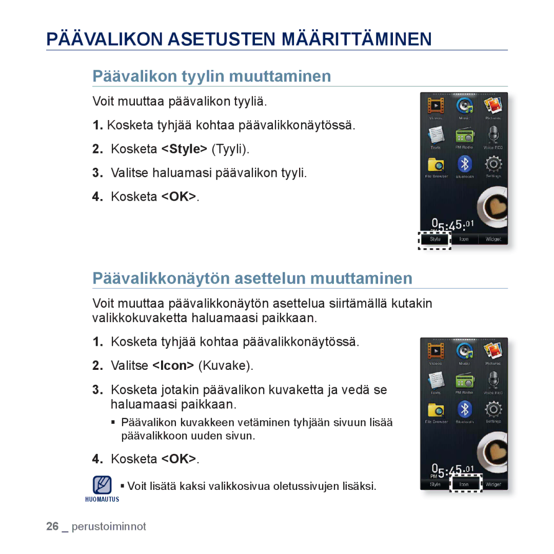 Samsung YP-P3JEB/XEE, YP-P3JCB/XEE manual Päävalikon Asetusten Määrittäminen, Päävalikon tyylin muuttaminen 