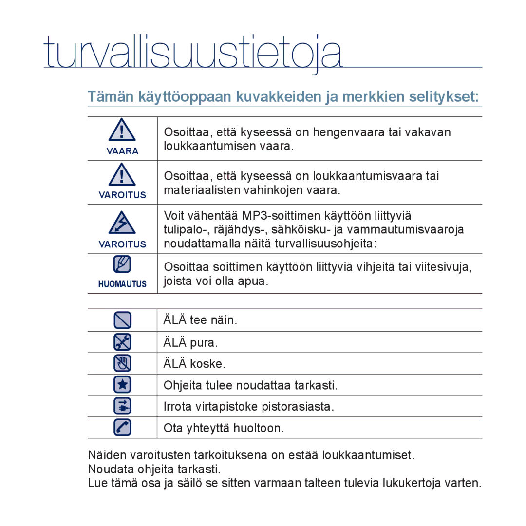 Samsung YP-P3JCB/XEE, YP-P3JEB/XEE manual Turvallisuustietoja, Tämän käyttöoppaan kuvakkeiden ja merkkien selitykset 