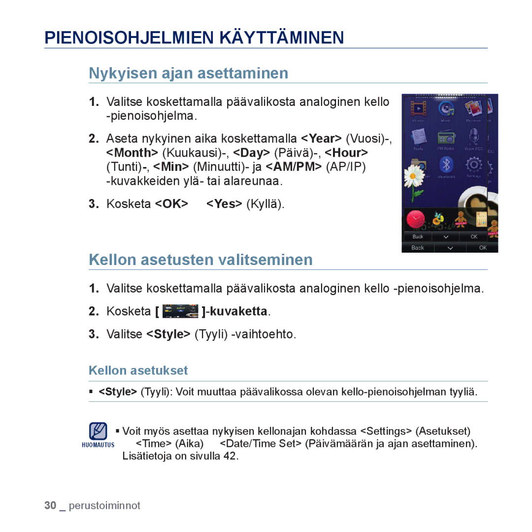 Samsung YP-P3JEB/XEE, YP-P3JCB/XEE Pienoisohjelmien Käyttäminen, Nykyisen ajan asettaminen, Kellon asetusten valitseminen 