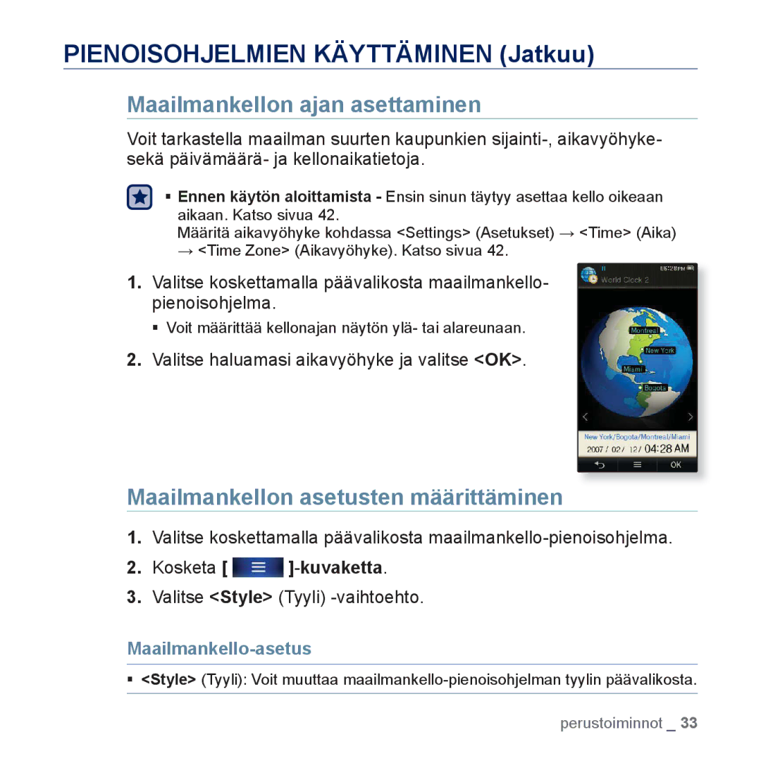 Samsung YP-P3JCB/XEE manual Maailmankellon ajan asettaminen, Maailmankellon asetusten määrittäminen, Maailmankello-asetus 