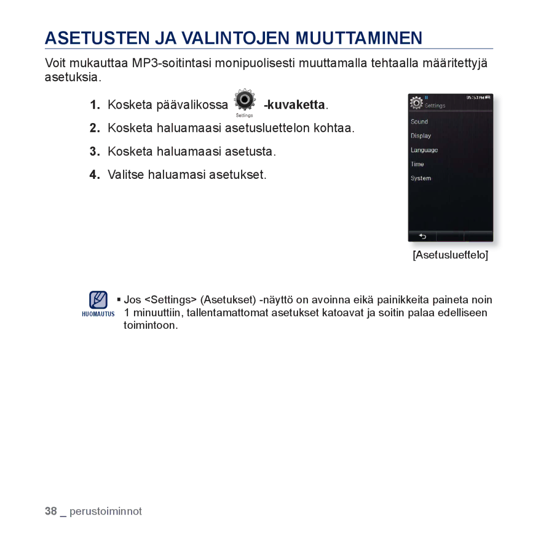 Samsung YP-P3JEB/XEE, YP-P3JCB/XEE manual Asetusten JA Valintojen Muuttaminen, Asetusluettelo 