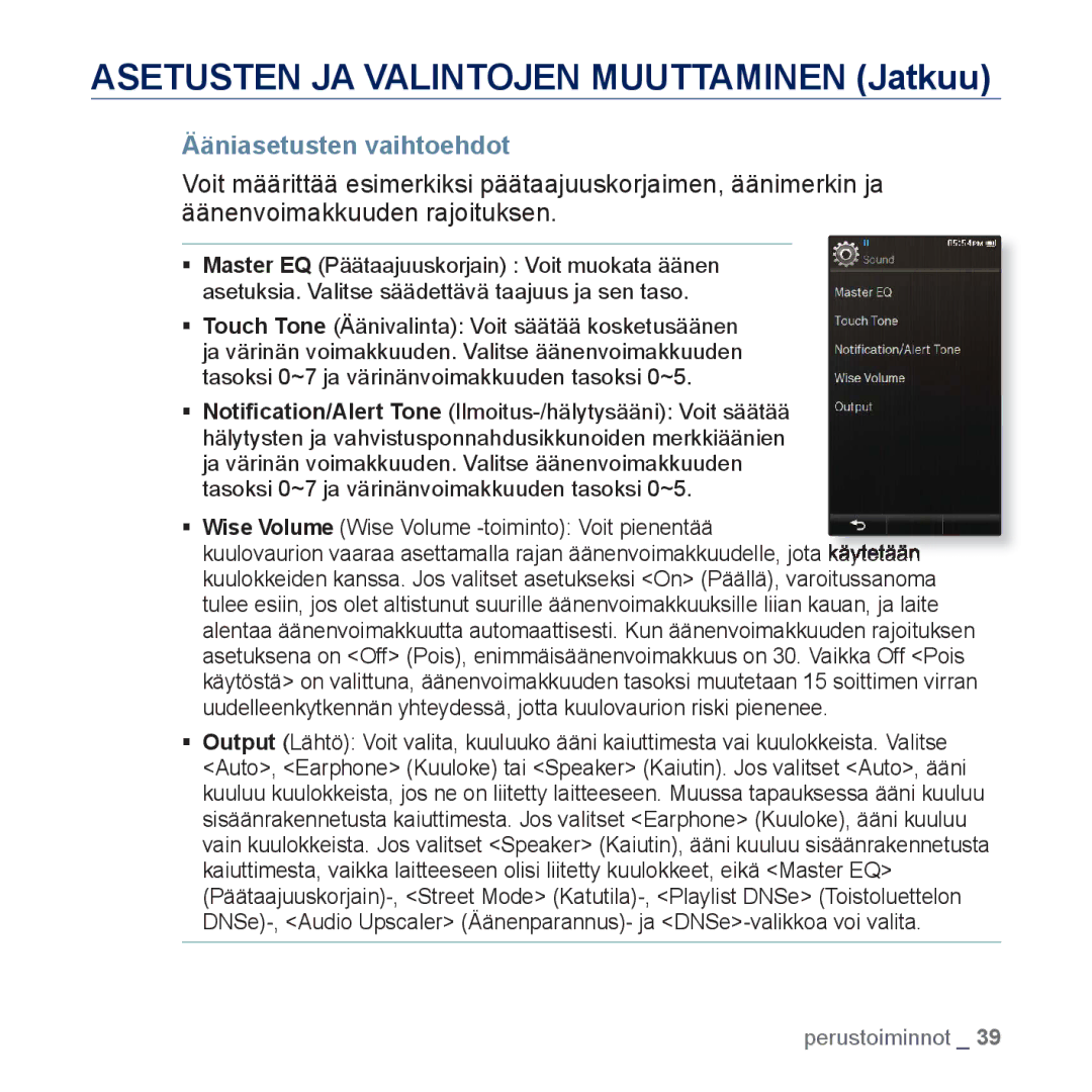 Samsung YP-P3JCB/XEE, YP-P3JEB/XEE manual Asetusten JA Valintojen Muuttaminen Jatkuu, Ääniasetusten vaihtoehdot 