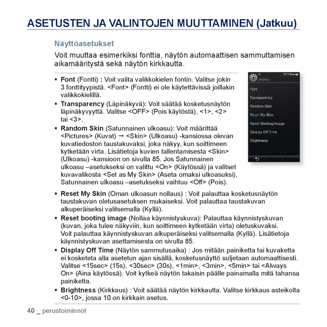 Samsung YP-P3JEB/XEE, YP-P3JCB/XEE manual Näyttöasetukset 