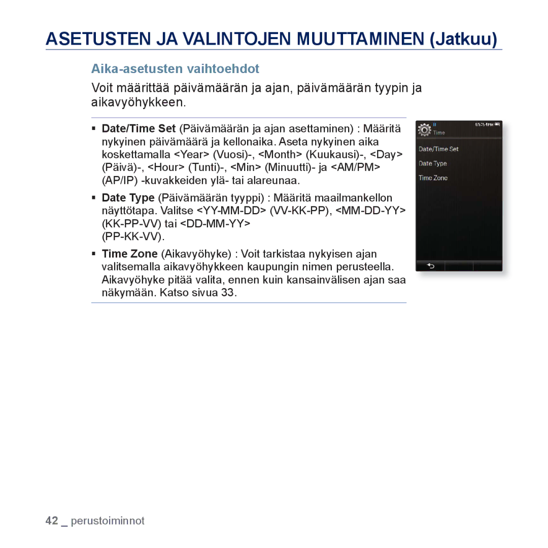 Samsung YP-P3JEB/XEE, YP-P3JCB/XEE manual Aika-asetusten vaihtoehdot, Pp-Kk-Vv 