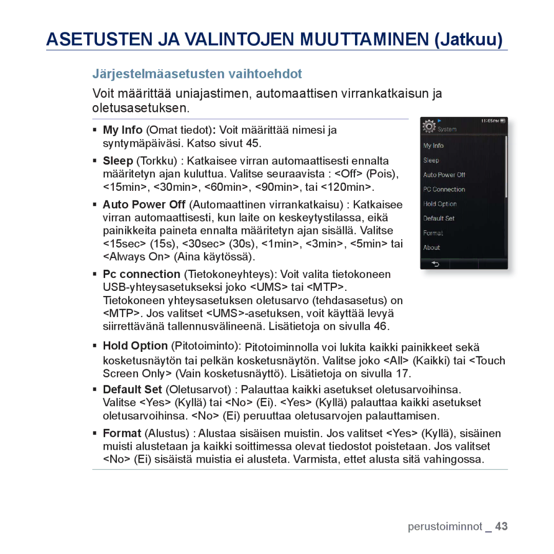 Samsung YP-P3JCB/XEE, YP-P3JEB/XEE manual Järjestelmäasetusten vaihtoehdot 