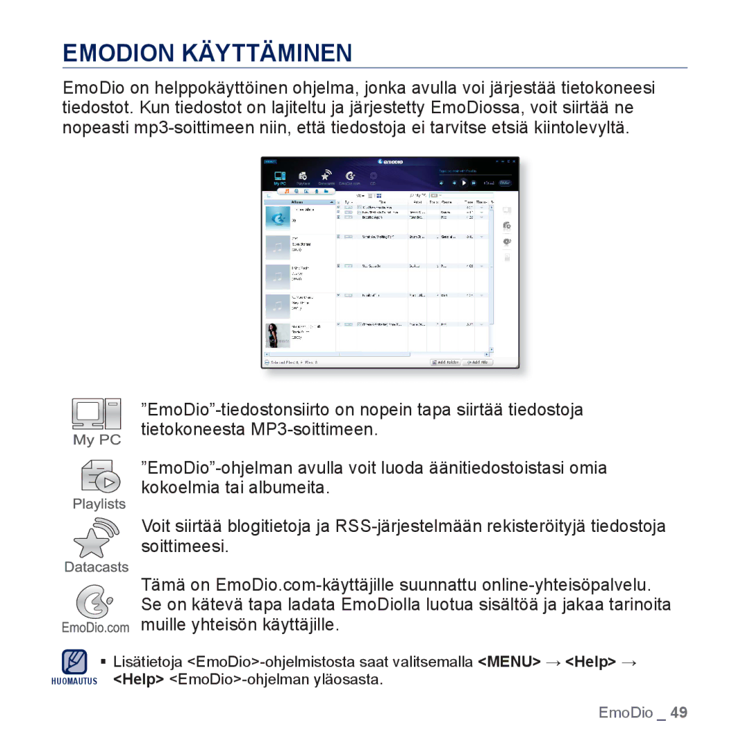 Samsung YP-P3JCB/XEE, YP-P3JEB/XEE manual Emodion Käyttäminen 