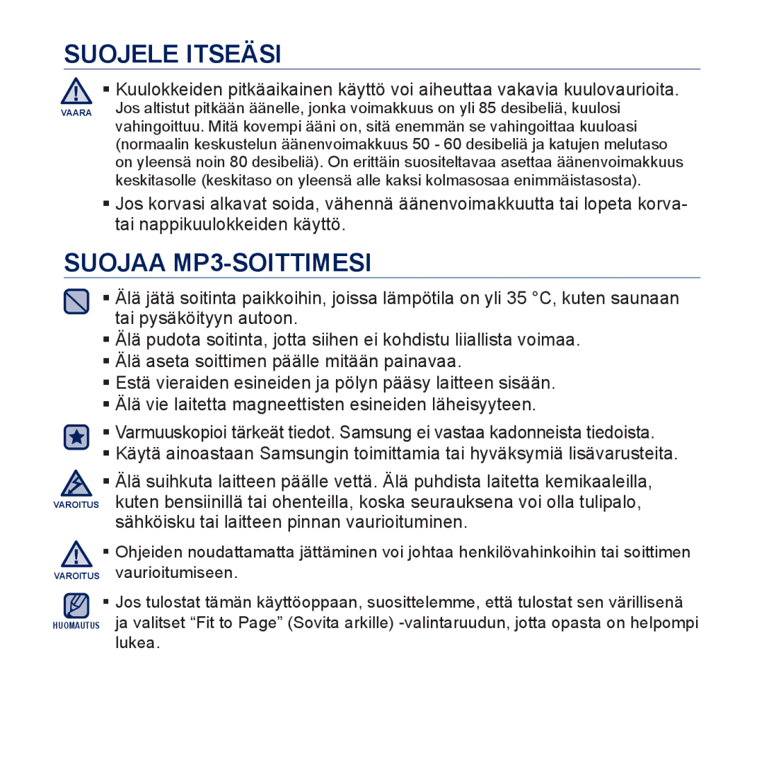 Samsung YP-P3JCB/XEE, YP-P3JEB/XEE manual Suojaa MP3-SOITTIMESI 