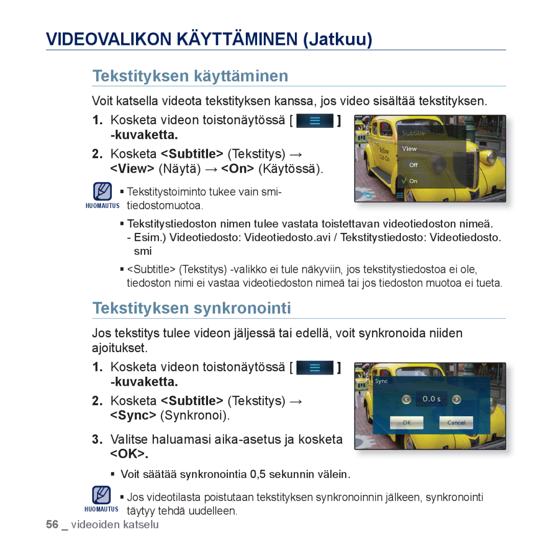 Samsung YP-P3JEB/XEE, YP-P3JCB/XEE manual Tekstityksen käyttäminen, Tekstityksen synkronointi 